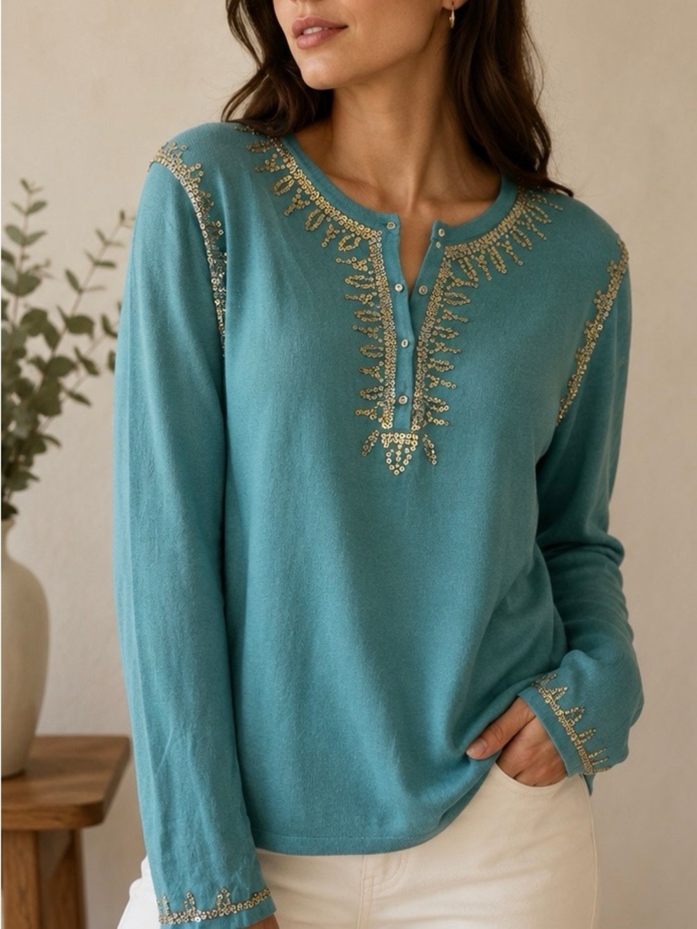 Soft Surroundings 85% Silk 15% Cashmere Embellished Sweater Sz XL